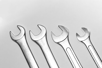 Mechanic's tools. Flat wrenches for loosening screws. Simple DIY tools. Close-up flat wrenches....