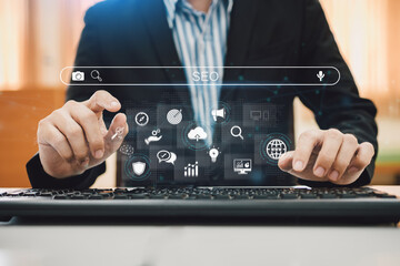 Person working with tcomputer laptop for manage search engine optimization : SEO with social media...