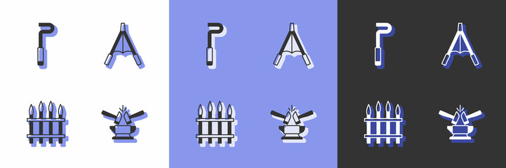 Set Anvil and hammer, Fire poker, Classic iron fence and Air blower bellows icon. Vector