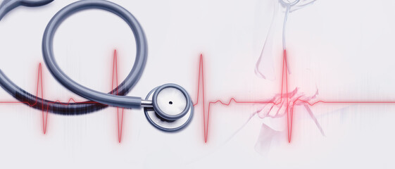 Top view of gray stethoscope with red pulse of heart rates. medical equipment instruments device for doctor..