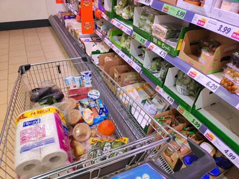 KATOWICE, POLAND - MAY 20, 2022: Shopping cart in Lidl supermarket in Katowice, Poland. Lidl is present in 29 European countries, with over 700 locations in Poland.