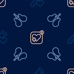 Set line Test tube with blood, Lungs and Mobile heart rate on seamless pattern. Vector