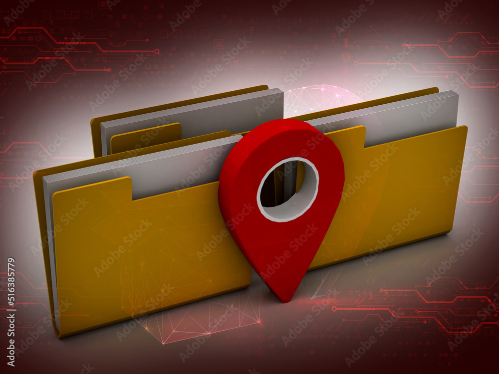 Fototapete 3d rendering folder with map pointer sign in digital background