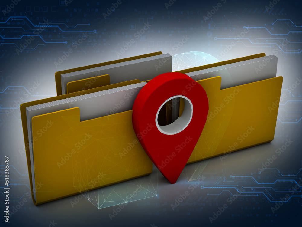 Fototapete 3d rendering folder with map pointer sign in digital background