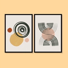 Abstract minimalist wall art in green, yellow, orange colors. Simple line style. Geometric shapes, circles, Modern creative pattern.
