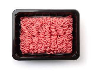 Raw fresh minced beef meat in black plastic tray
