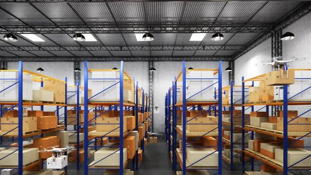 Industrial stock storage products storage system by drone.Loft modern warehouse. Cardboard boxes on a conveyor.3D rendering.Warehouse with cardboard boxes inside on pallets racks..