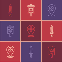 Set line Medieval sword, Crusade and flag icon. Vector