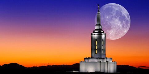 Pocatello Idaho LDS Mormon Temple with Lights at Sunset Full Moon