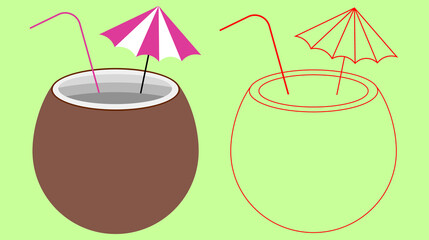 Coconut drink with straw and cocktail umbrella. Coconut cocktail icon. Flat illustration of coconut cocktail. vector illustration
