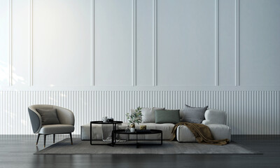 Modern cozy living room and white pattern wall texture background interior design. 3d rendering