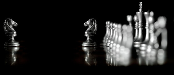 Pieces on chess board for playing game and strategy face off battle