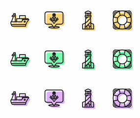 Set line Lighthouse, Cargo ship, Anchor and Lifebuoy icon. Vector