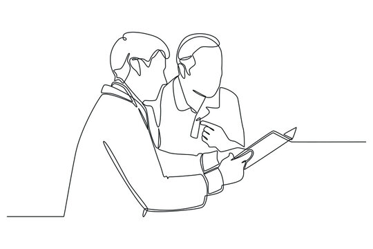 Single One Line Drawing Male Patient Is Consulting A Doctor Regarding His Illness. Need A Doctor Concept. Continuous Line Draw Design Graphic Vector Illustration.