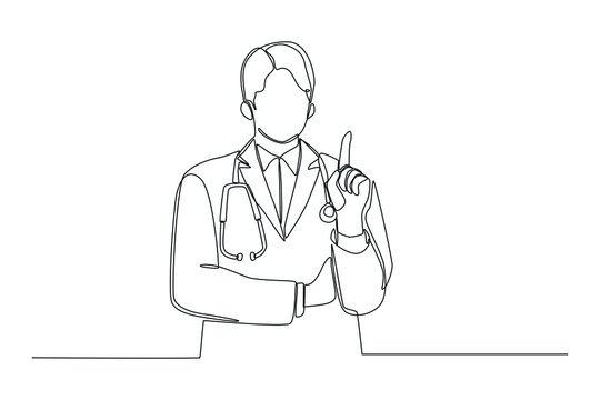 Single one line drawing doctor man wearing stethoscope and showing and pointing up with finger number one. Need a Doctor concept. Continuous line draw design graphic vector illustration.