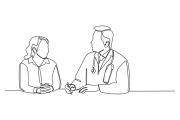 Fototapeta na wymiar Single one line drawing male doctor in medical uniform talk discuss results or symptoms with female patient. Need a Doctor concept. Continuous line draw design graphic vector illustration.