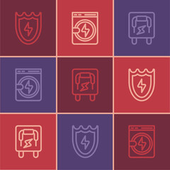 Set line Lightning and shield, Electrical panel and Washer icon. Vector