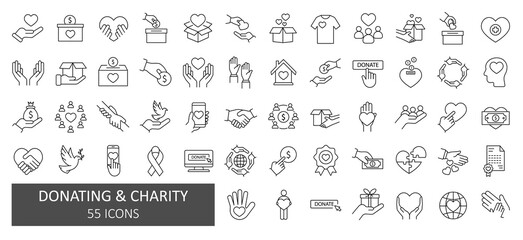 Outline set of volunteering, charity, donation vector icons for web design. Line style
