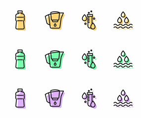 Set line Test tube with water drop, Bottle of, Water jug filter and icon. Vector