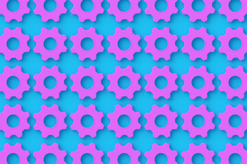 Naklejka na ściany i meble Rows of pink gears in corner on turquoise background. Top view. 3d render