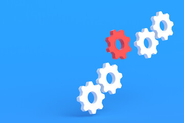 Flying row of white gears and one of red color. Engineering technology. Mechanism development. Industrial progress. Idea concept. Unique business solutions. Copy space. 3d render