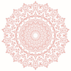 Oriental pattern with arabesques and floral elements. Traditional classic pink round ornament. Vintage pattern with arabesques