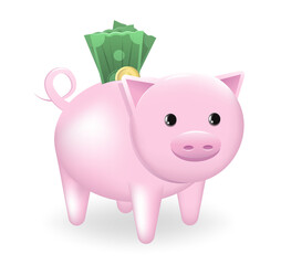 Pink piggy bank isolated on white. Vector illustration of a piggy bank with banknotes and coins.