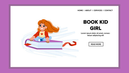 book kid girl vector. child read, happy school study, young education book kid girl web flat cartoon illustration