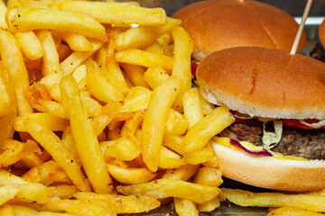 Juicy burgers and fried fries close-up. Ready-made hamburgers with potatoes. Fast food.