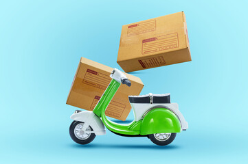 Fast delivery by scooter concept and online shipping box to customer at home on light blue background