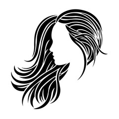 Silhouette of a girl with loose black hair. Design suitable for picture, decor, beauty salon logo, hair salon, hair and face care ads, tattoos, prints. Isolated vector illustration
