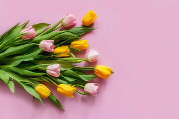 card from a bouquet of tulips on a pink background with a place for text