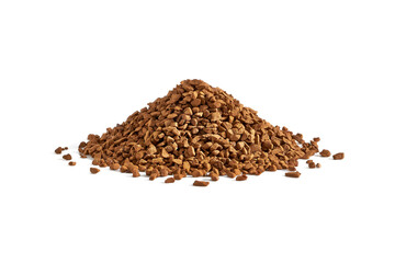 Roasted instant coffee grains isolated in a white background. Organic natural roast grain background with copy space for text, top view. Close up beans flat lay. Healthy food macro concept.