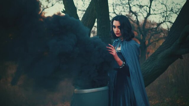 Medieval fantasy woman goddess gesture hand raises black thick smoke, fog from antique vat. lady queen blue velvet long vintage holiday dress silk cape. Autumn nature dark gothic forest branches tree 