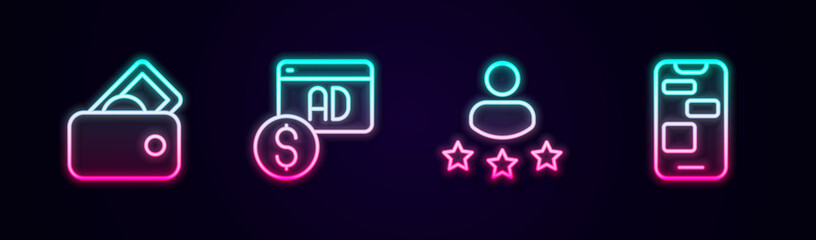 Set line Wallet with money, Advertising, Consumer product rating and Mobile 24 hours support. Glowing neon icon. Vector
