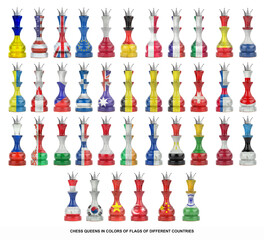 Chess queens in the colors of the flag of different countries. Isolated on a white background. Sport. Politics. Business.