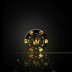 Fototapeta premium Vintage, grunge poker chip,Crown, on a black background. Reflection. Poker Gambling