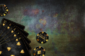 Vintage playing cards. Straight Flush, and poker chips on a grunge, green poker background.Copy Space. Place for text. Vignette. Gamble banner.