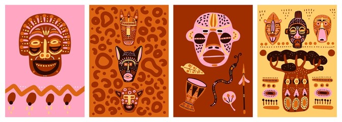 African mask cards. Patterned totems. Ritual elements. Nigeria culture. Painted faces. Decorative baobab tree. Doodle aborigines and animals heads. Indigenous idols. Classy vector set