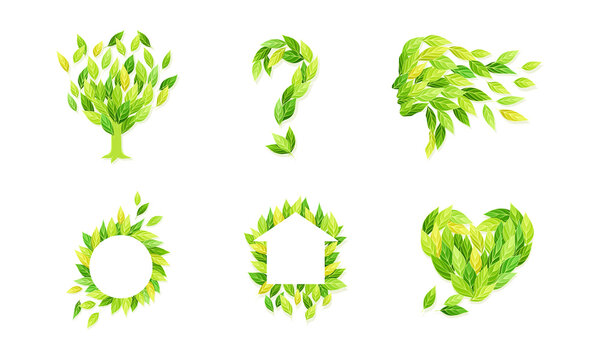 Symbols made of green leaves set. Heart, question mark, heart signs. Logo, emblem, creative ecology design vector illustration