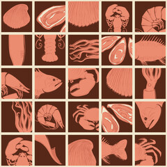 seamless vector pattern on the theme of crustaceans, fish and molluscs. seafood background with sea animals sketches