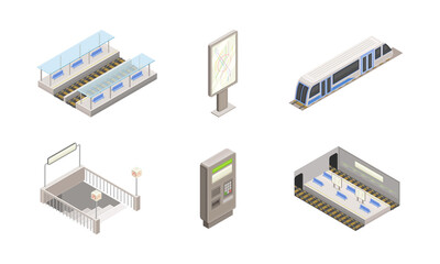 Metro or Subway as Rapid Transit Urban System with Electric Railway, Platform Staircase Isometric Vector Set