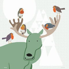 MYOW make your world - cute animals robins and moose have fun in a winter vector illustration