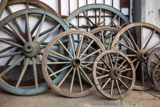 Old wagon wheels at a farm