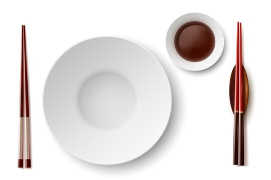 Chopsticks and plates. Realistic white empty dish. Asian restaurant serving. Porcelain bowl. Soy sauce. Japanese or Chinese cuisine tableware. Dinnerware top view. Vector utensil set