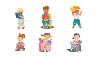 Funny Little Boy and Girl with Open Book Reading and Fantasizing Vector Illustration Set