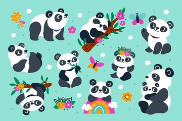 Cute panda. Asian bear. Funny friendly mascot. Different poses and emotions. Flowers and eucalyptus twigs. Chinese animals. Adorable mammals. Rainbow and tree branches. Garish vector set