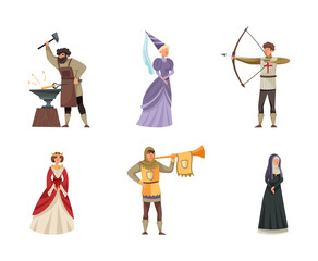 Middle Ages Character with Archer with Bow, Nun in Gown and Blacksmith with Hammer Vector Illustration Set