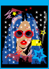 Sexy girl with stars and sunglasses blue pop art background