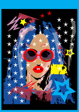 Sexy Girl With Stars And Sunglasses Blue Pop Art Background